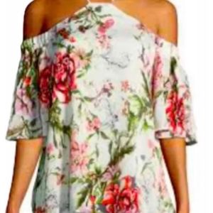DEX floral cold shoulder halter neck chiffon top